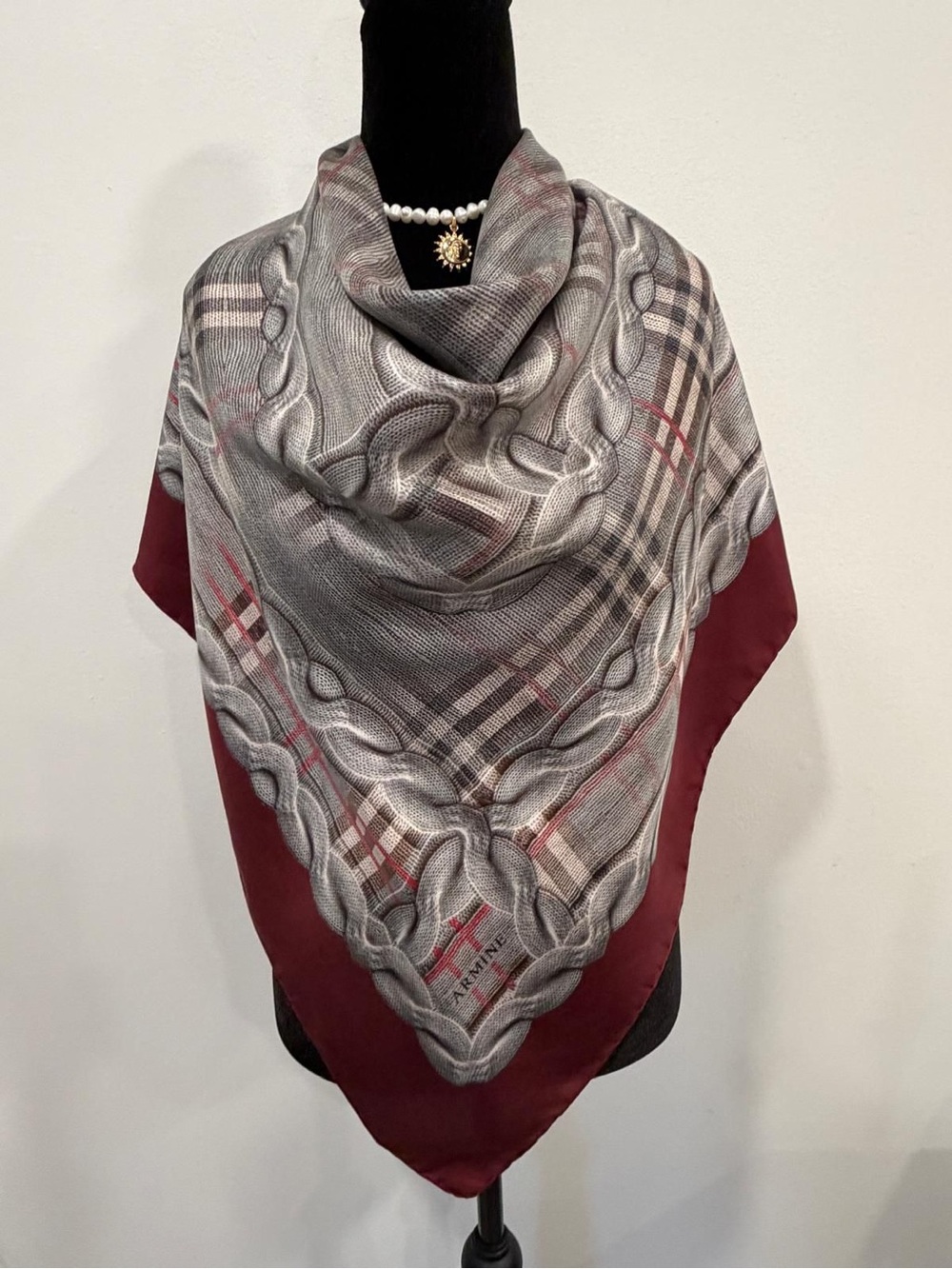 Armine Silk Scarf Red Gray Hand Rolled Made in Turkey